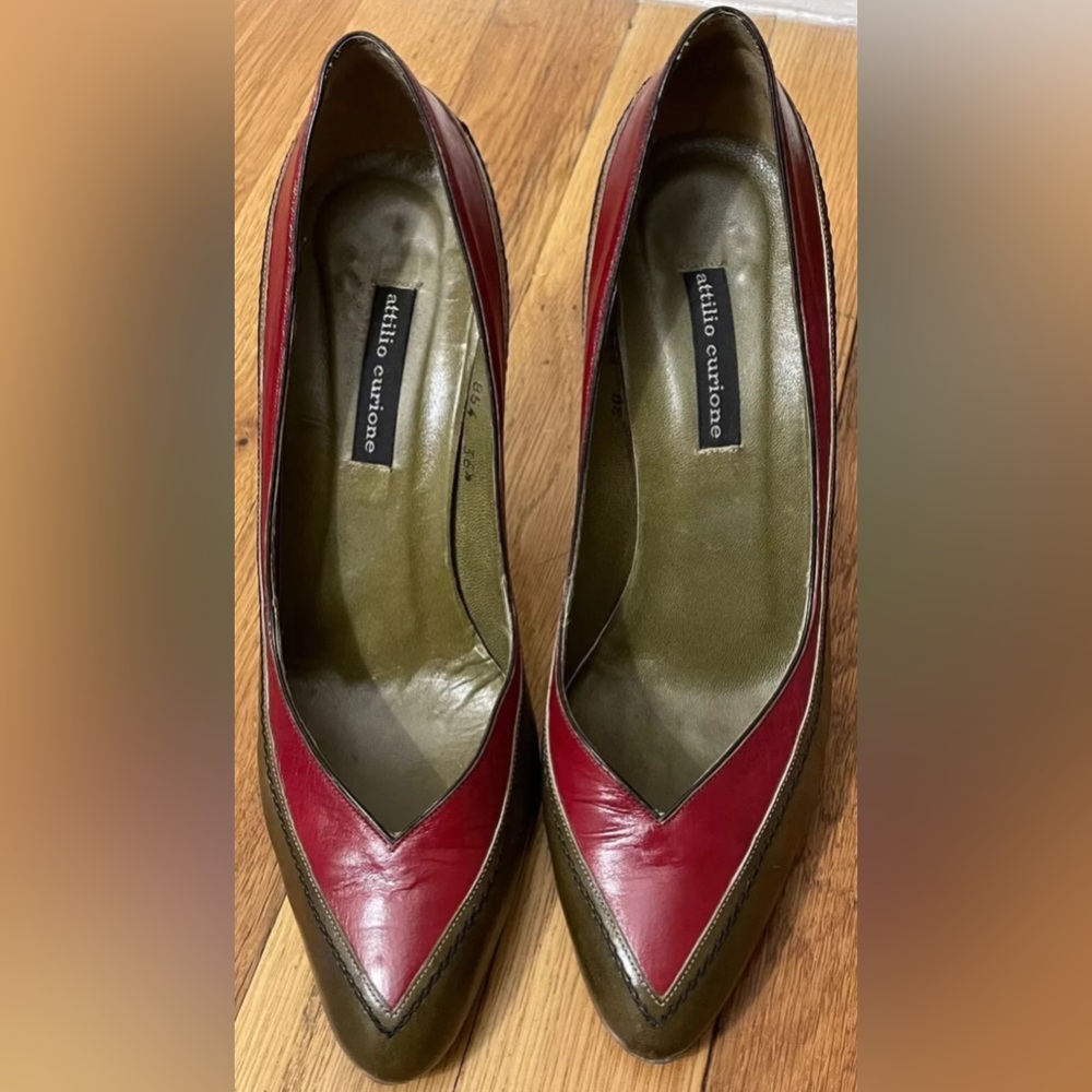 ATTILIO CURIONE green red wine leather shoes pumps vtg  36 1/2 US 6